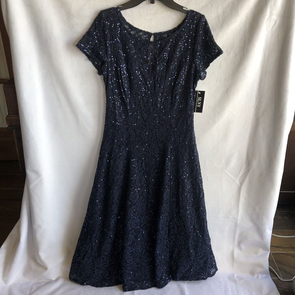 NWT SLNY Semi-Formal Navy Fluted Skirt, Short Sleeve, Midi Sequins Gown Size 6